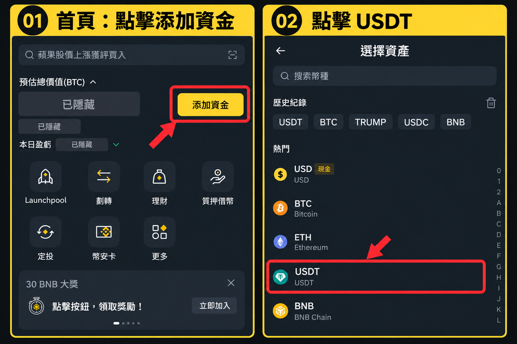 幣安添加資金與選擇 USDT 操作畫面