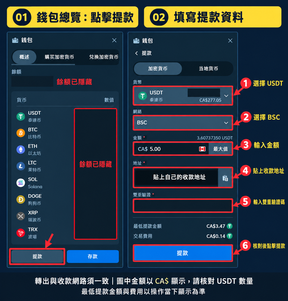 Stake USDT 提款表單與 BSC 網路設定