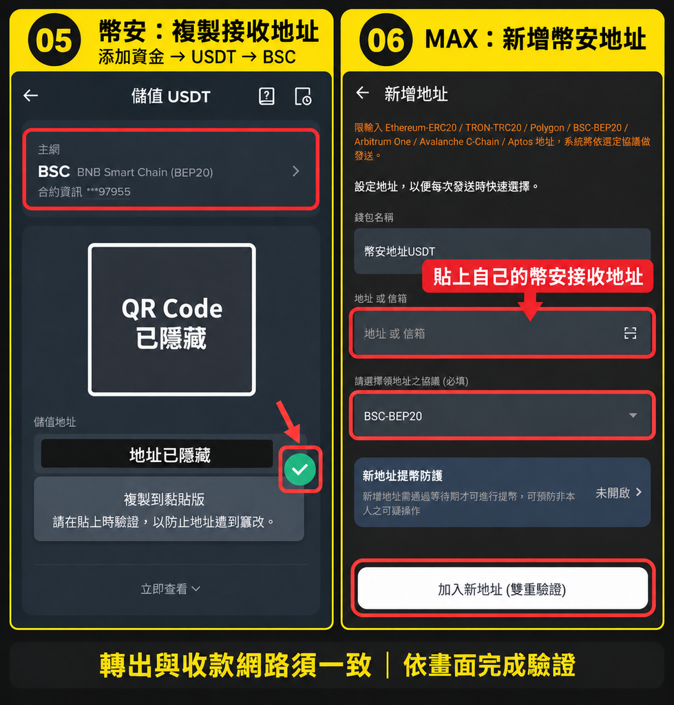 幣安取得 USDT BSC 儲值地址,並在 MAX 新增相同網路的收款地址